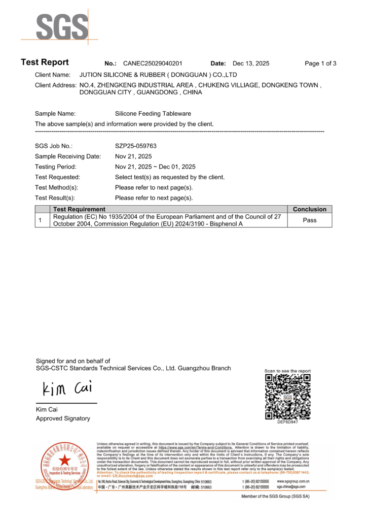 ZSR Certification 15 bpa free silicone rubber tableware products test report 01