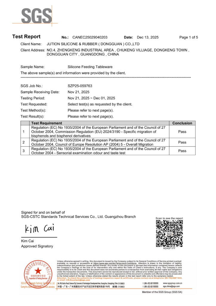 ZSR Certification 14 ec no 1935.2004 eu food contact silicone rubber tableware products test report 01