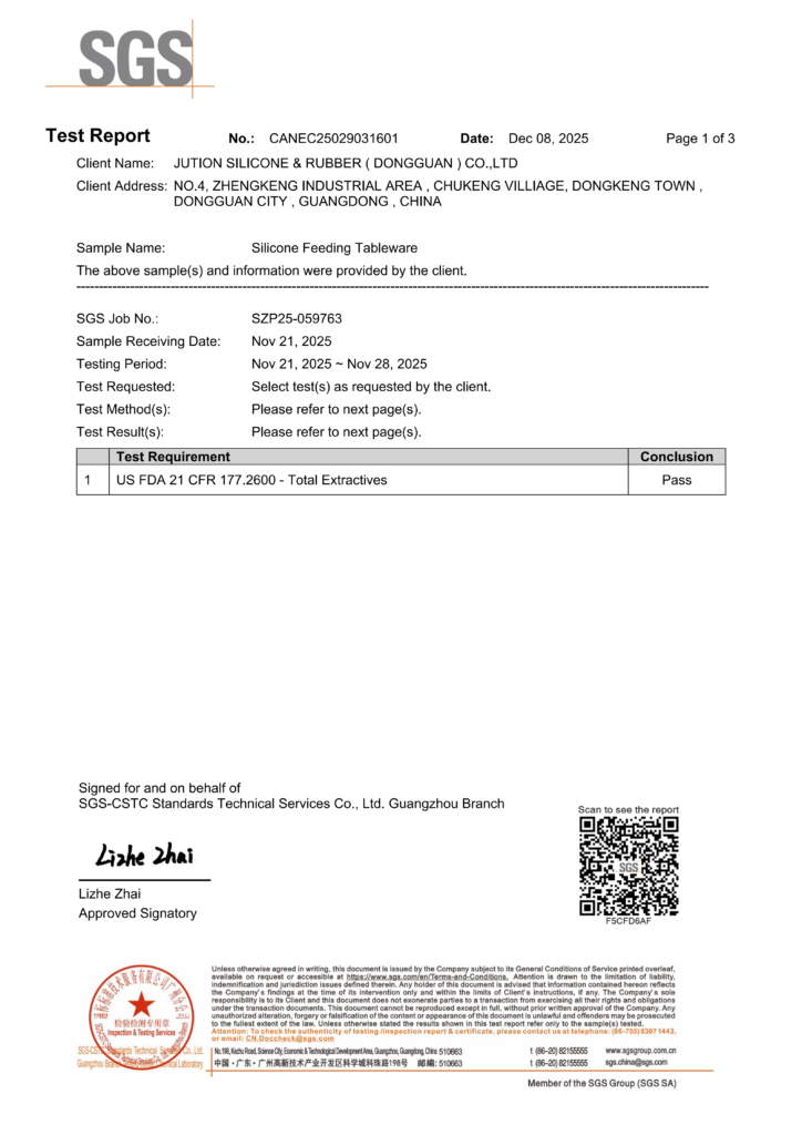 ZSR Certification 18 fda silicone rubber tableware products test report 01